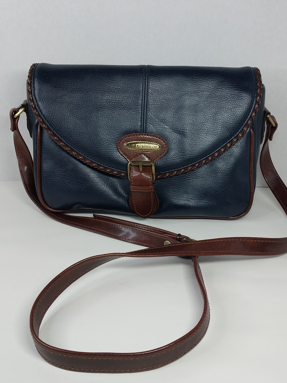 Vtg 90s Liz Claiborne Navy Blue Crossbody Bag Braided Buckle Equestrian Purse